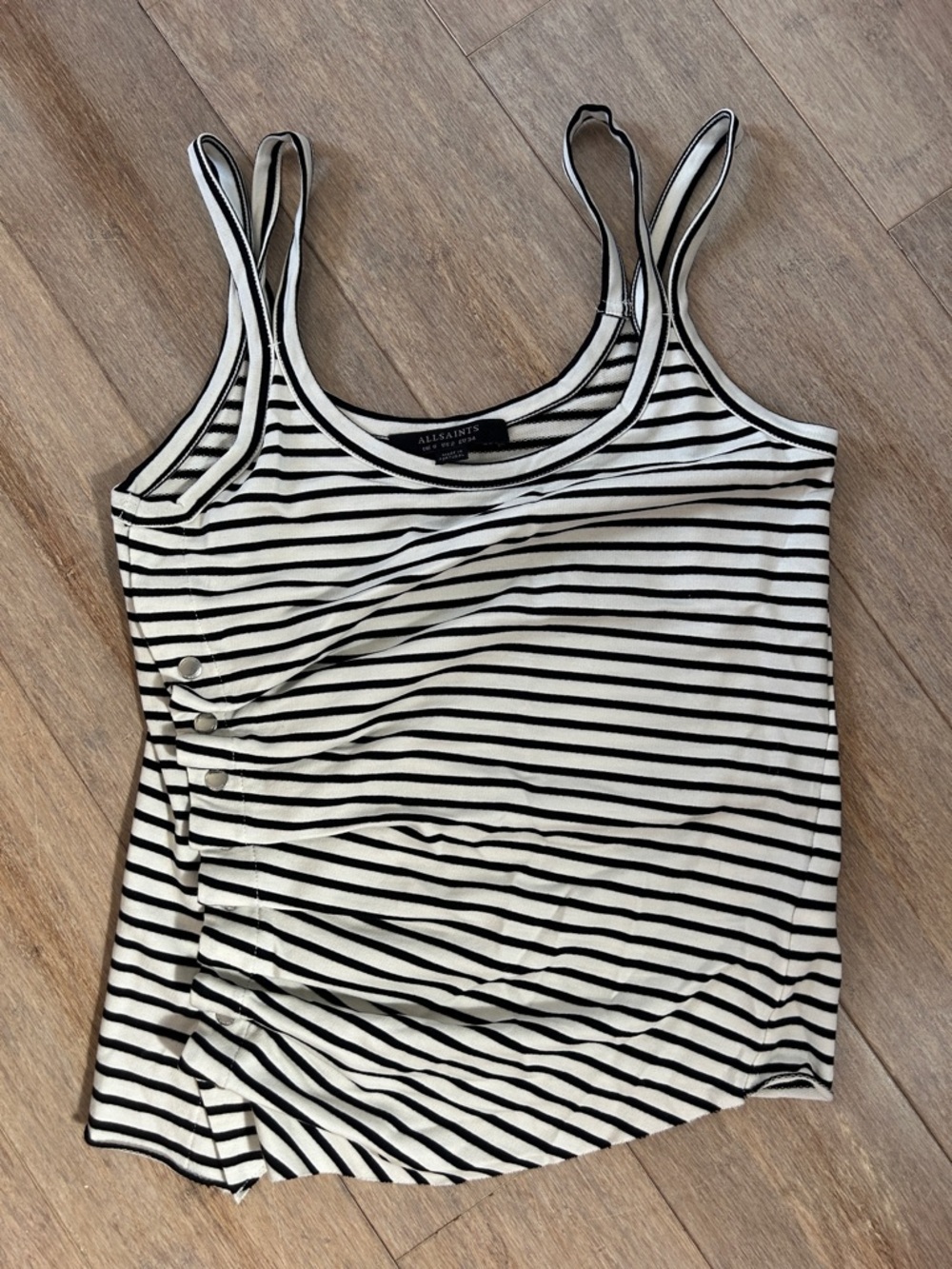 All Saints Black & White Striped Camisole Tank ruched side size 2